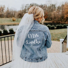 Load image into Gallery viewer, Custom Denim and Pearls Jacket for the Bride - Fashion Bridal Accessory
