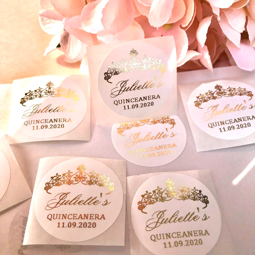 Gold Foil Crown Labels for Quinceañera Favors-Keepsakes-or Envelopes