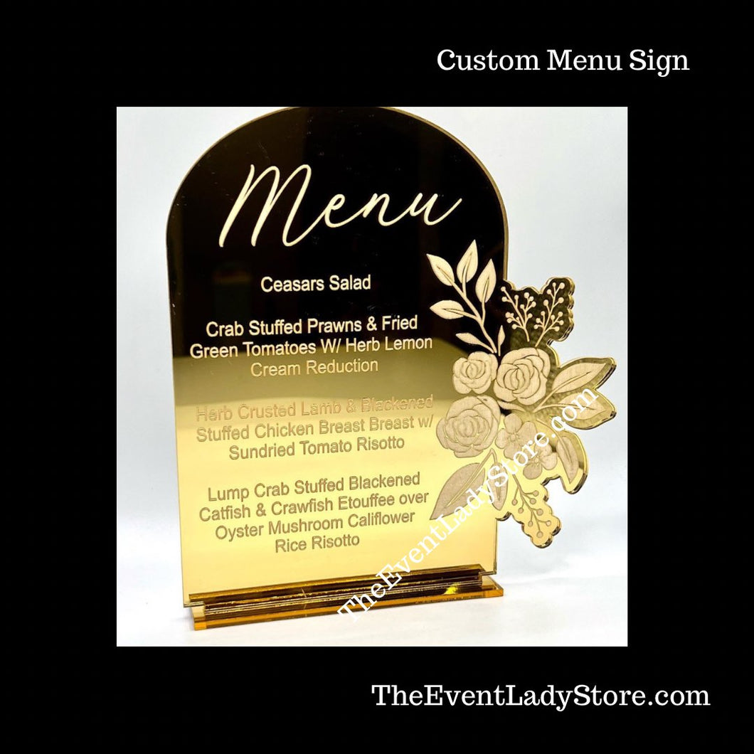 Fancy Custom Acrylic Mirror Menu Sign with Floral Design for Weddings or Mis Quince Receptions