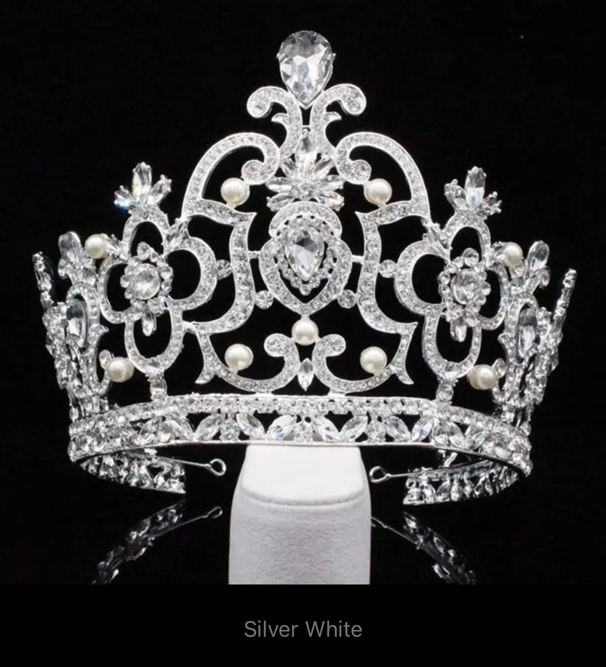 Crystal Adult Tiara – Silver White Leaves & Pearl Design, 6cm High – Wedding Prom Queen Crown