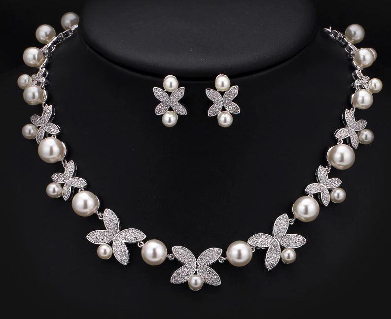 High Quality Micro Inlay CZ Pearl Bridal Choker Necklace and Earring Set