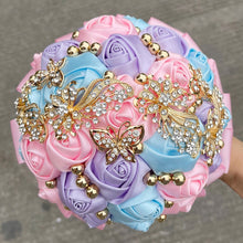 Load image into Gallery viewer, Small Size Glamour and Sparkle Bridesmaids Wedding Bouquets -Exquisite Rhinestones-Silk Ribbon Roses and Jewelry Accents
