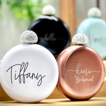 Load image into Gallery viewer, Personalized Round Fancy Ladies Flasks Stainless Steel with Rhinestone Lid for Bridal Party-Wedding Gifts
