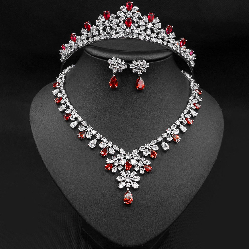Fashion Floral Motif Tiara-Crown Necklace and Earring Set for Bride or Mis Quince