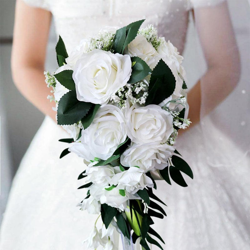 Wedding Artificial Hand Tied Rose Bride Bouquet - Cascade Style
