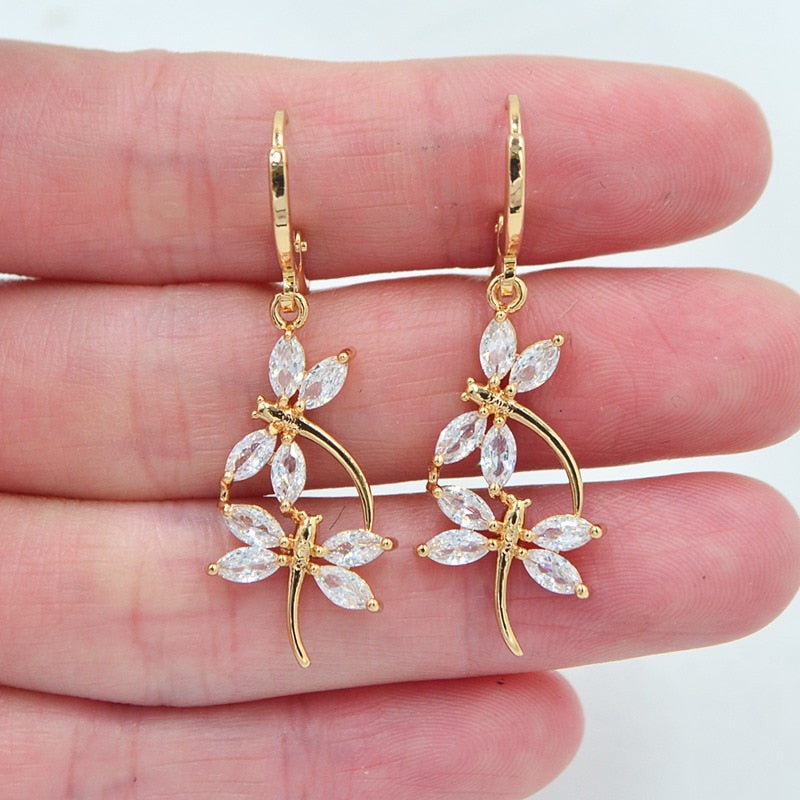 Fashion Gold Color Cubic Zirconia Romantic Dragonfly Dangle Earrings