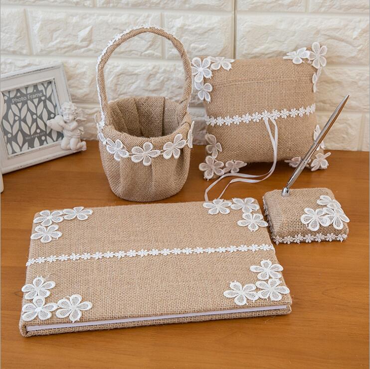 Four Piece Bridal Set of Rustic Burlap Boho Accessories for Wedding Day