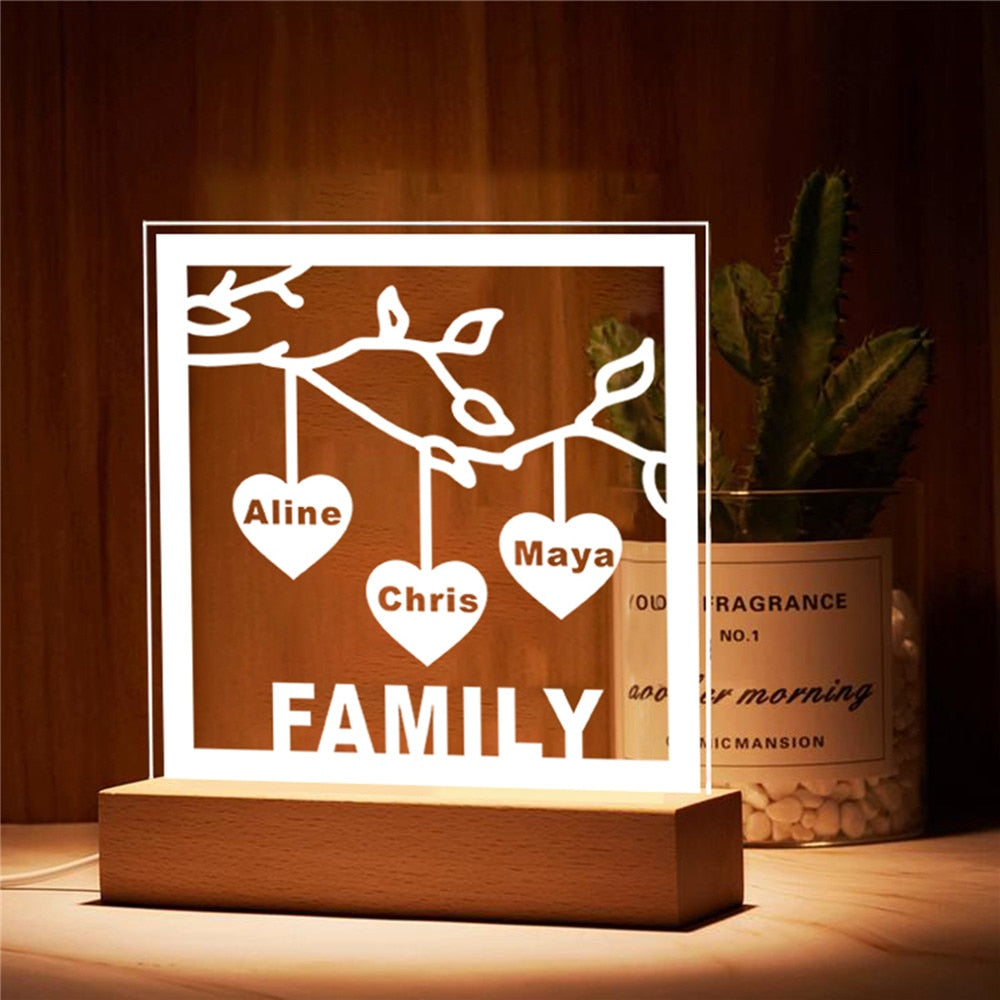 Personalized Family Tree Sign with LED USB Acrylic Night Light - Custom Laser Engraved