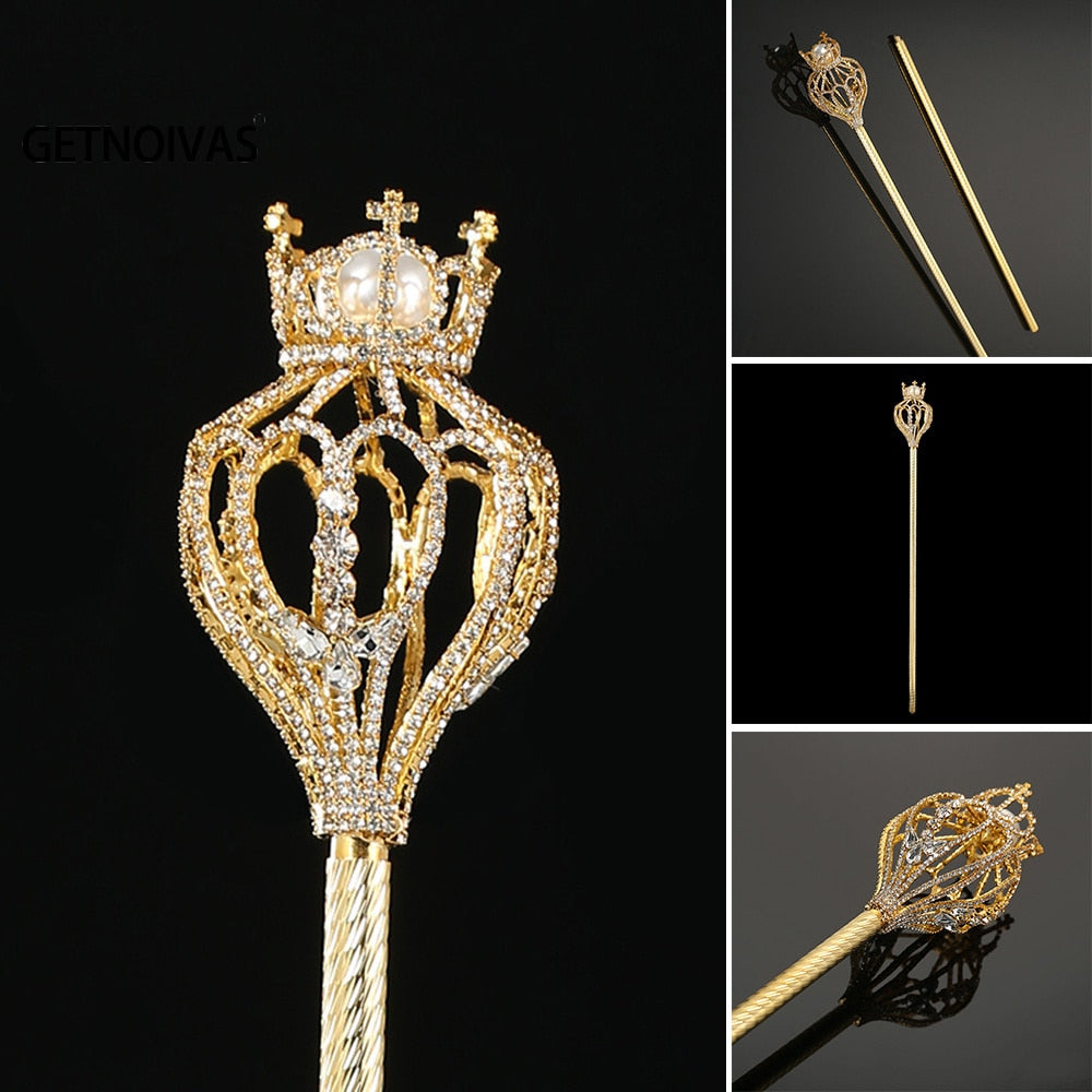 Crown Top Party Wand Gold Scepter with Rhinestones for a Princess Quinceanera