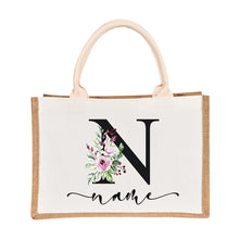 Load image into Gallery viewer, Bridesmaids Floral Design Canvas-Jute-Burlap Tote Bags-Custom Personalized with Initial and Name
