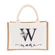 Load image into Gallery viewer, Bridesmaids Floral Design Canvas-Jute-Burlap Tote Bags-Custom Personalized with Initial and Name
