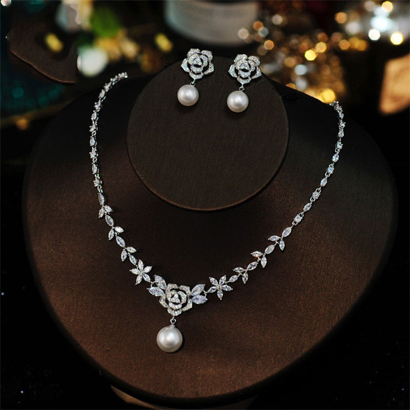 Elegant Bride Pearl Cubic Zircon Necklace and Earrings Set Wedding-Evening Party-Quinceanera