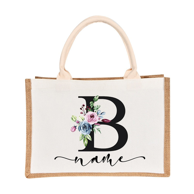 Bridesmaids Floral Design Canvas-Jute-Burlap Tote Bags-Custom Personalized with Initial and Name