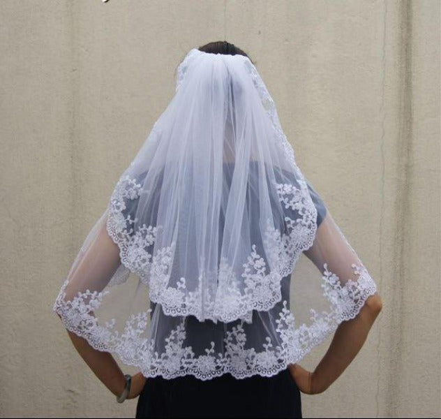 New Bridal Illusion 2 Layer Lace Wedding Veil Elbow Length Bride Veil