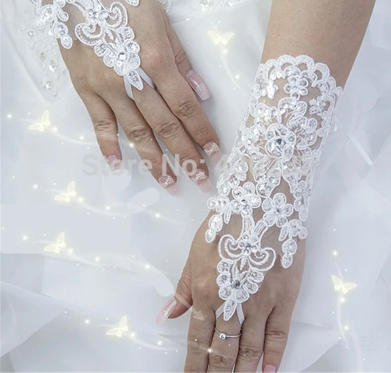 Elegant Beaded Lace Satin Short Bridal Fingerless Gloves-Bridal Accessories
