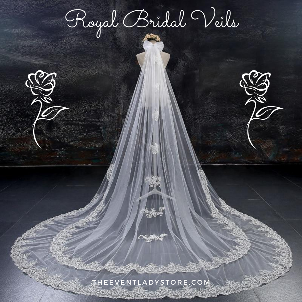 Ivory Cathedral Bridal Veil-Lace Edge with Bow-Appliques