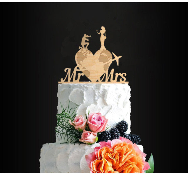 Wooden Travel Theme Bride and Groom Cake Toppers - Assorted Bridal Wood Cake Tops