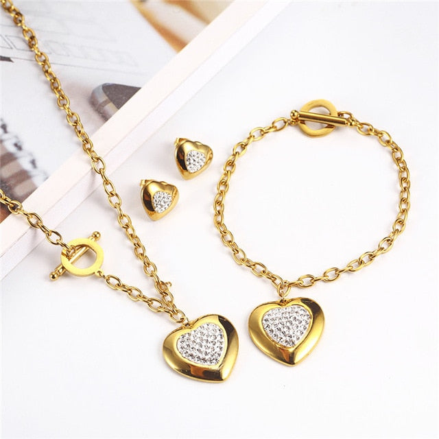 Stainless Steel Jewelry Woman Sets Heart Necklace Earrings Bracelet Set Accessories Fashion Jewelry sets Gifts For Women