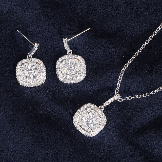 Classic Square Shape Zirconia Crystal Earrings and Necklace Jewelry Set For Women