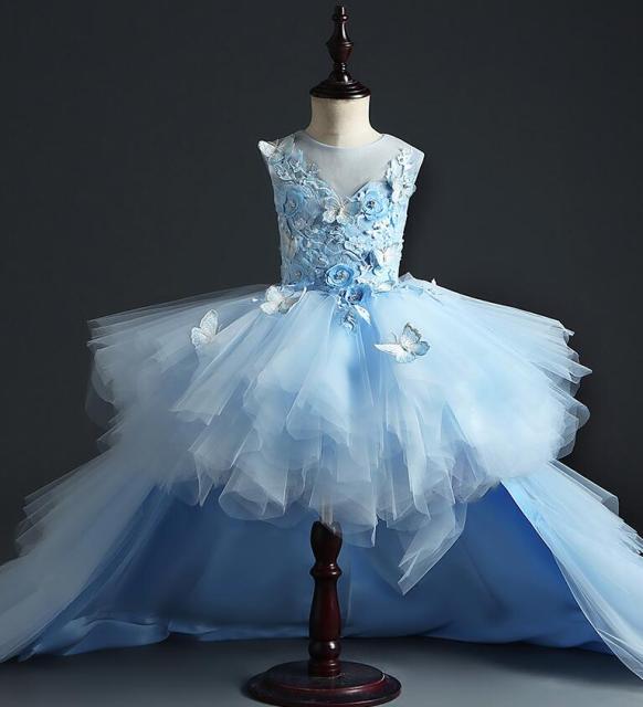 Flower Girl Dress For Wedding - Appliques Blue Tulle