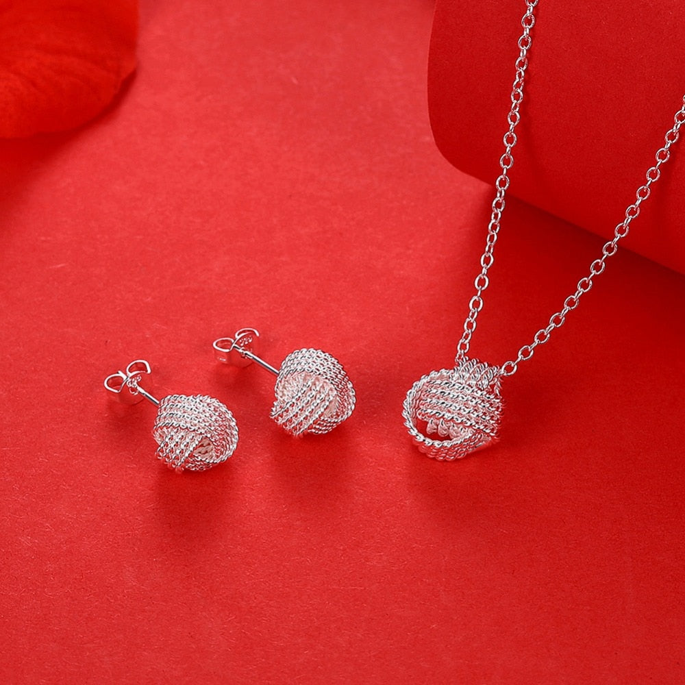 New Arrival Silver Plated Jewelry Set for Women Knotted Ball Design Necklace Pendant silver plated stud earrings wedding jewelry sets