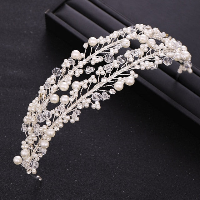 White Dreamy Pearl Crystal Rhinestone Handmade Wedding Headband-Crown