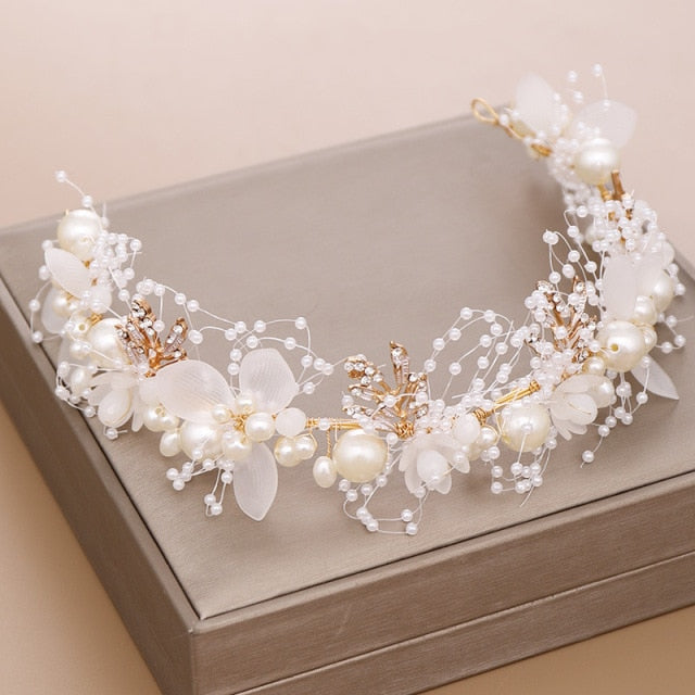 Luxurious Gold Simulated Pearl and Rhinestone Bridal Hair Band-Tiara