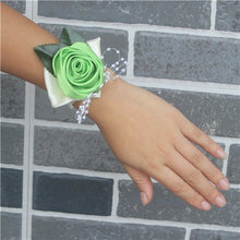 Load image into Gallery viewer, Handmade Satin Silk Single Rose Wrist Corsage with Crystal Rhinestone Detail
