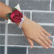 Load image into Gallery viewer, Handmade Satin Silk Single Rose Wrist Corsage with Crystal Rhinestone Detail
