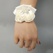 Load image into Gallery viewer, Handmade Satin Silk Single Rose Wrist Corsage with Crystal Rhinestone Detail
