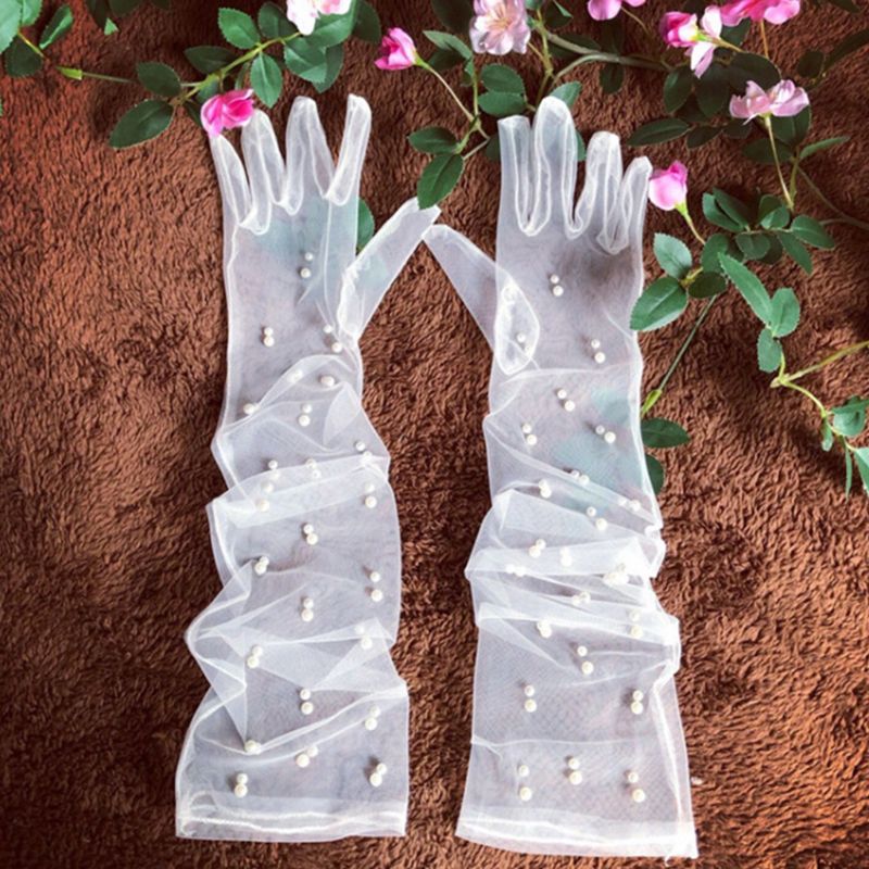 Bride Wedding Dress Accessories Long Gauze Artificial Pearl  White Gloves