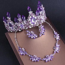 Load image into Gallery viewer, Purple Lavender or White Crystal Bridal Jewelry Set of Necklace Earrings and  Crown-Tiara-Bridal or Mis Quince
