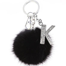 Load image into Gallery viewer, Fluffy Black Pompom Faux Rabbit Fur Ball Keychain with Crystal Letters
