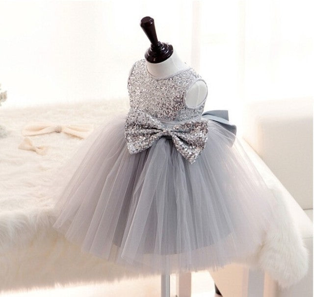 Silver Sequins Sleeveless Princess Baby Girls Dress- Flower Girl Dress