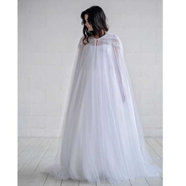 White Bridal Tulle Long Cape-Bride-Wedding-Quinceañera