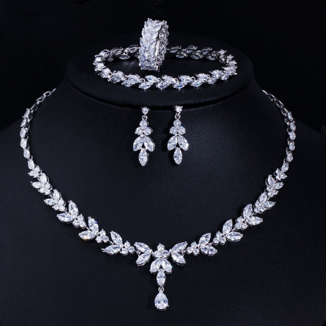 4 Piece Brilliant Cubic Zirconia Necklace Earrings Ring and Bracelet Wedding Bridal Jewelry Set