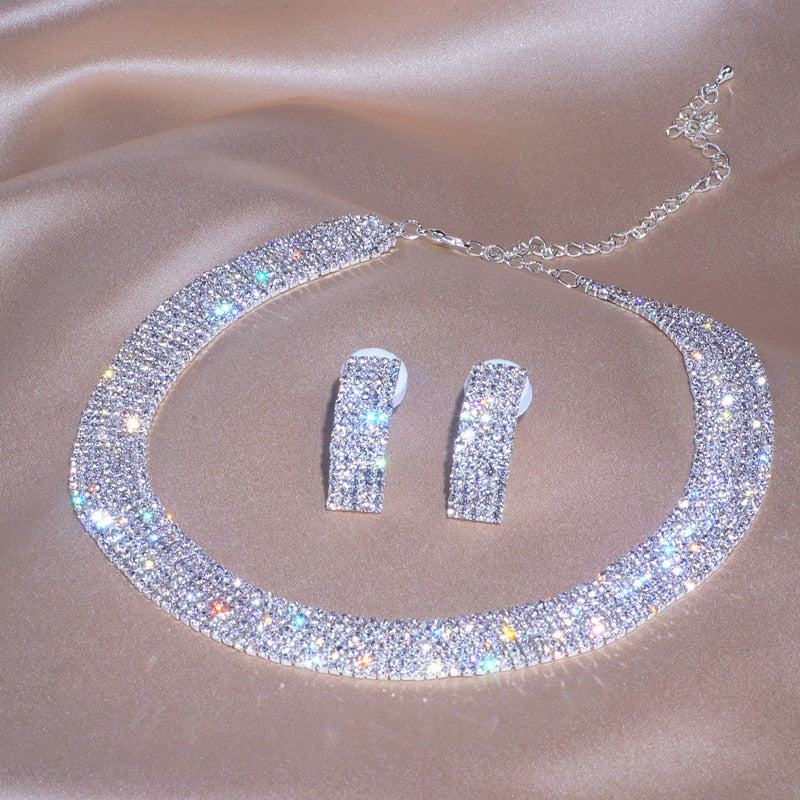 Luxury Classic Rhinestone Crystal Jewelry Fashion Necklace and Earring Set