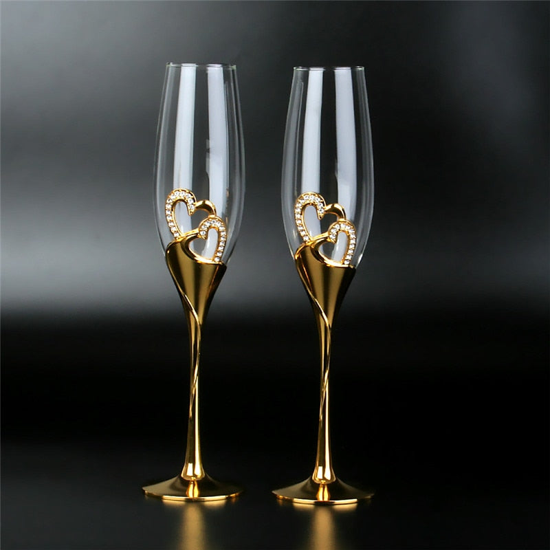 Wedding Gold Crystal Heart Stem Glasses for Bridal Couple