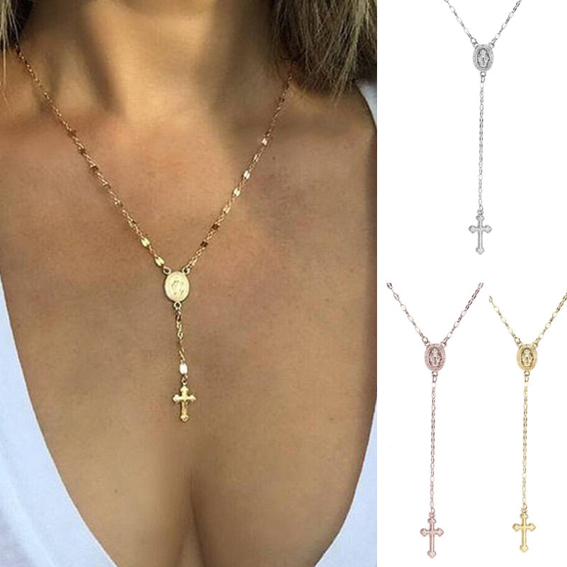 Fashion Cross Rosary Style Necklace-Religious Gift