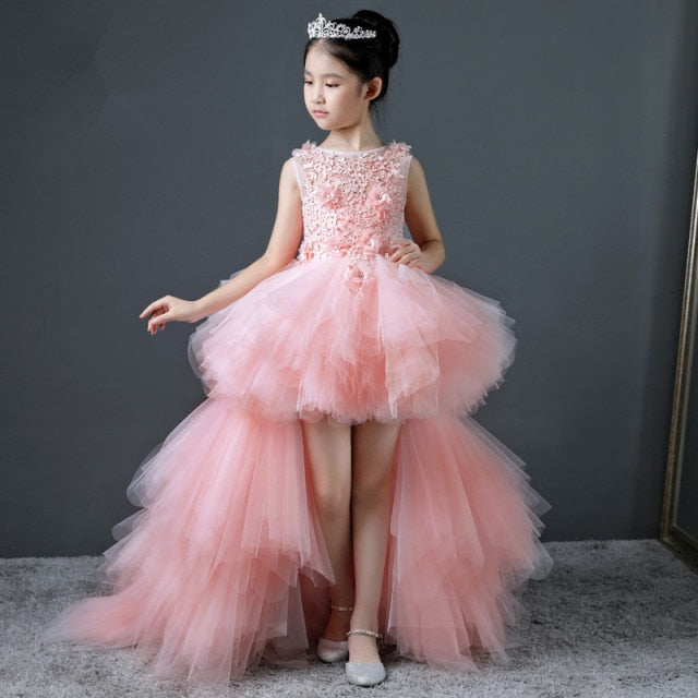 Glitz Long Trailing Pink Flower Girls Dress for Wedding or Special Occasion