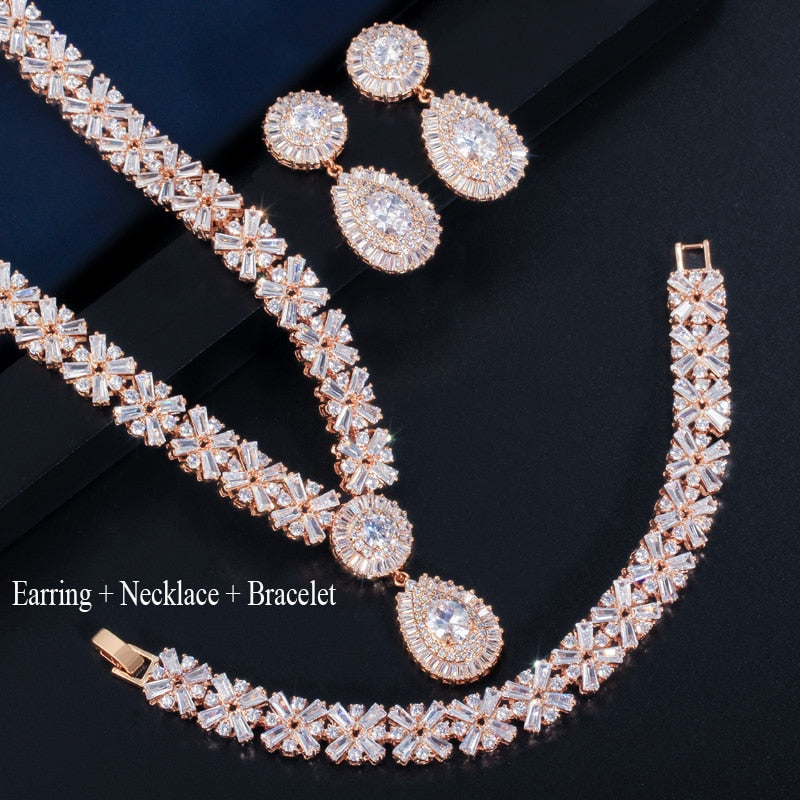 Exquisite Sparkling CZ Stone Gold or Silver Wedding 3 piece Jewelry Set for Brides