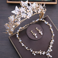 Load image into Gallery viewer, Crystal Beaded Gold Pearl Floral Butterfly Tiara- Crown or Jewelry Set
