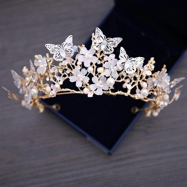 Crystal Beaded Gold Pearl Floral Butterfly Tiara- Crown or  display picture 1