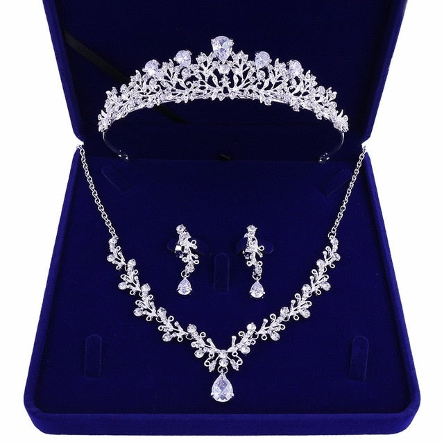 Luxury Noble Crystal Leaf Bridal Jewelry Sets Rhinestone Crown Tiaras Necklace Earrings for Bride-Jewelry Sets