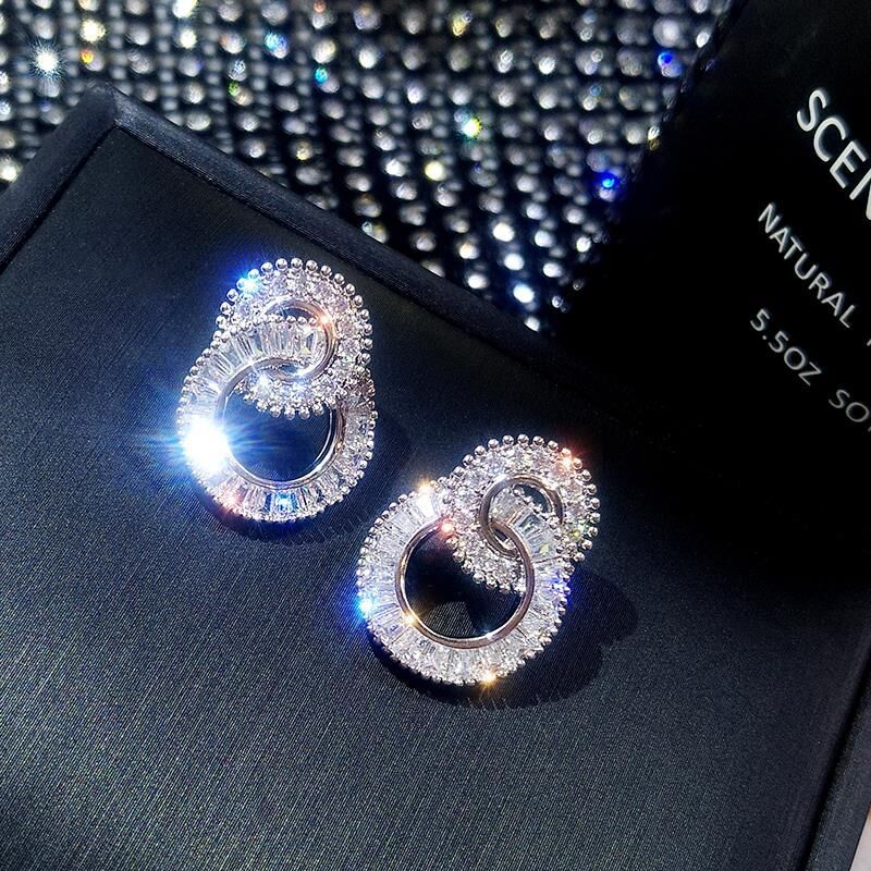 S925 Sterling Silver Color Round Cute Bling Zircon Stone Stud Earrings-Women Fashion Jewelry