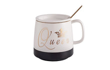 Load image into Gallery viewer, King or Queen Ceramic Coffee-Tea Mug with lid - Outlined in gold with little spoon
