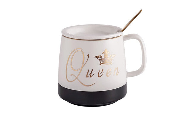 King or Queen Ceramic Coffee-Tea Mug with lid - Outlined in gold with little spoon