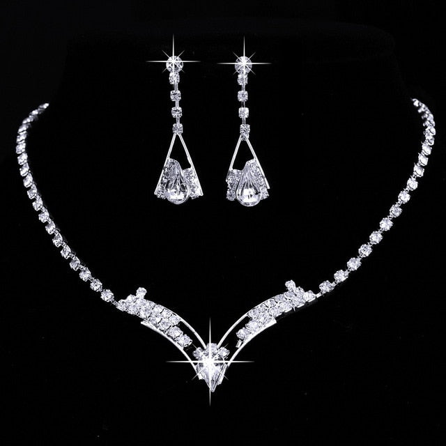 Silver Tone CZ Crystal Bridal Necklace and Earring Sets