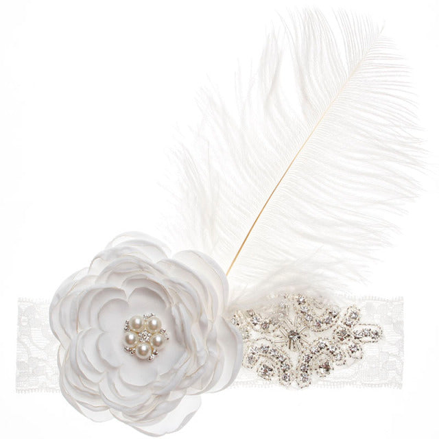 Precious Angelic Princess Flower Girl Feather Lace Headband-Rose Rhinestone Head Wear