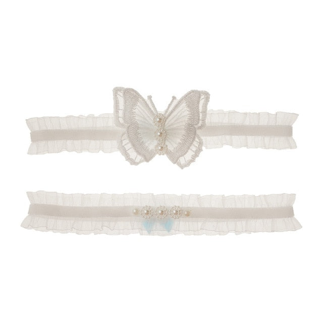 Stretch Bridal Garter Set-Lace Butterfly Design with Pearl Brooch for Wedding